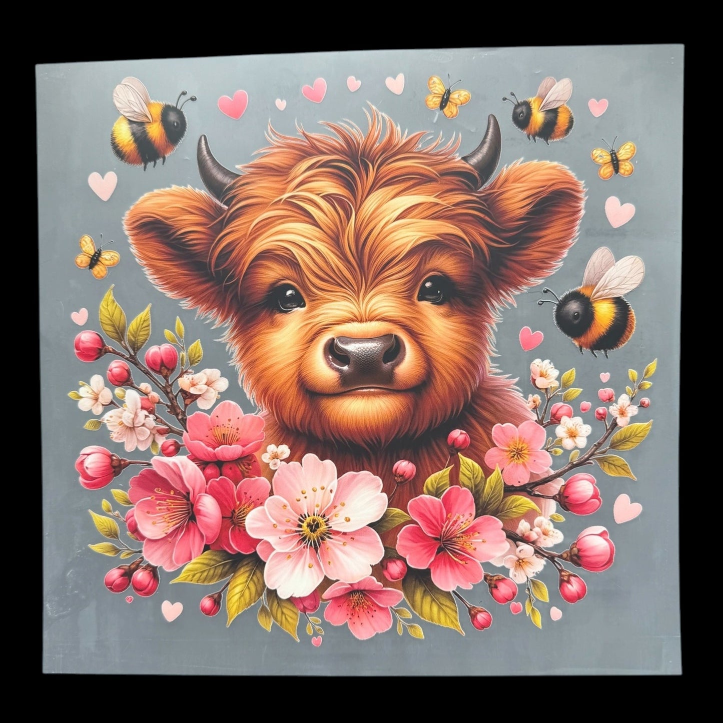 Highland Cow Cherry Blossom Bees DTF Print