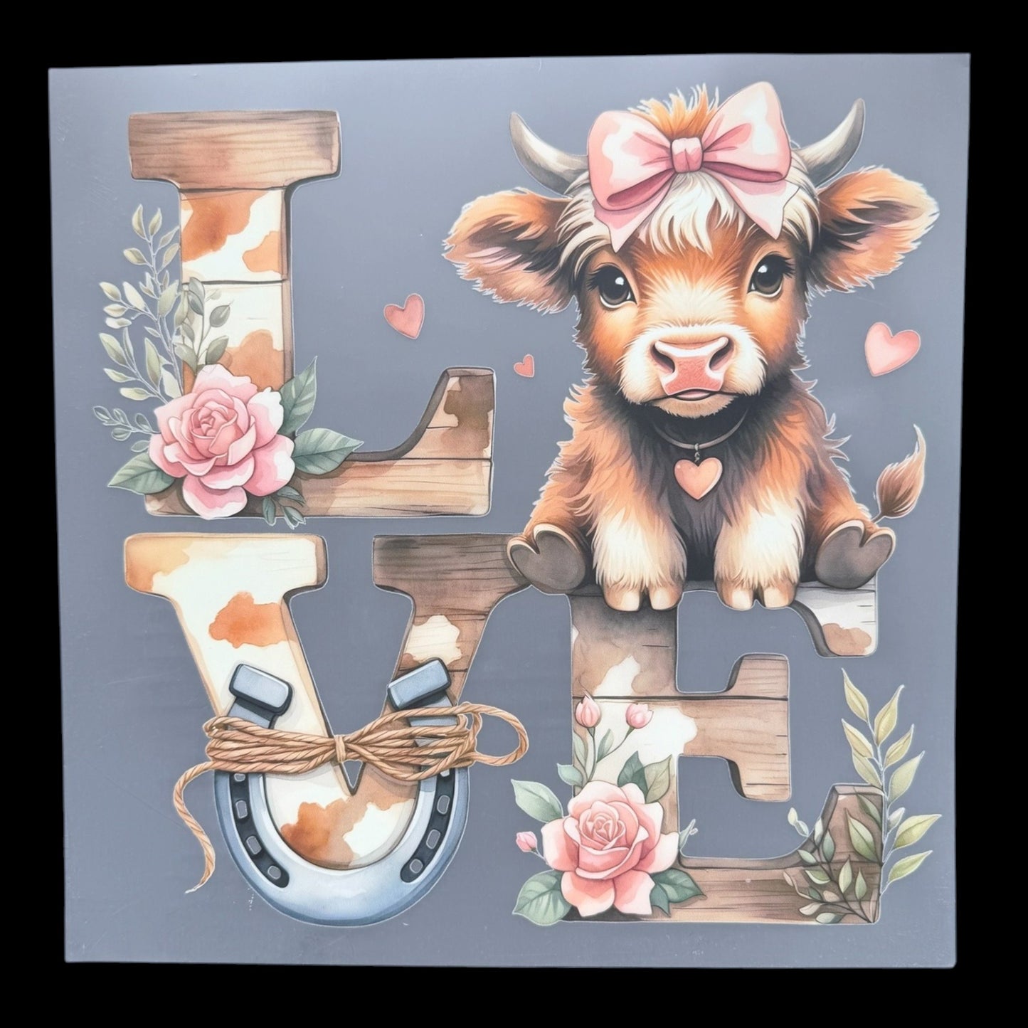 LOVE Highland Cow Horseshoe Floral DTF Print