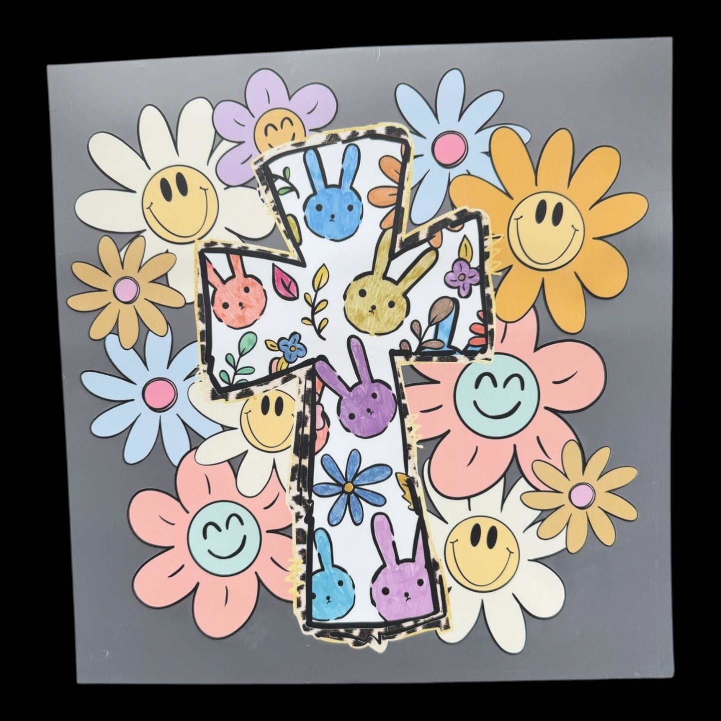 Retro Smiley Daisy Easter Bunny DTF Print