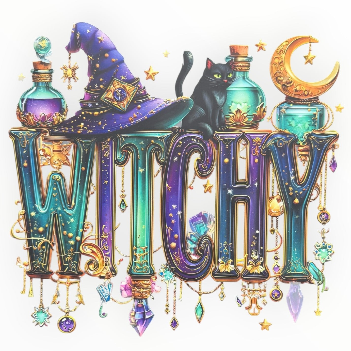 Witchy Black Cat Potion Bottles Jewel DTF Print