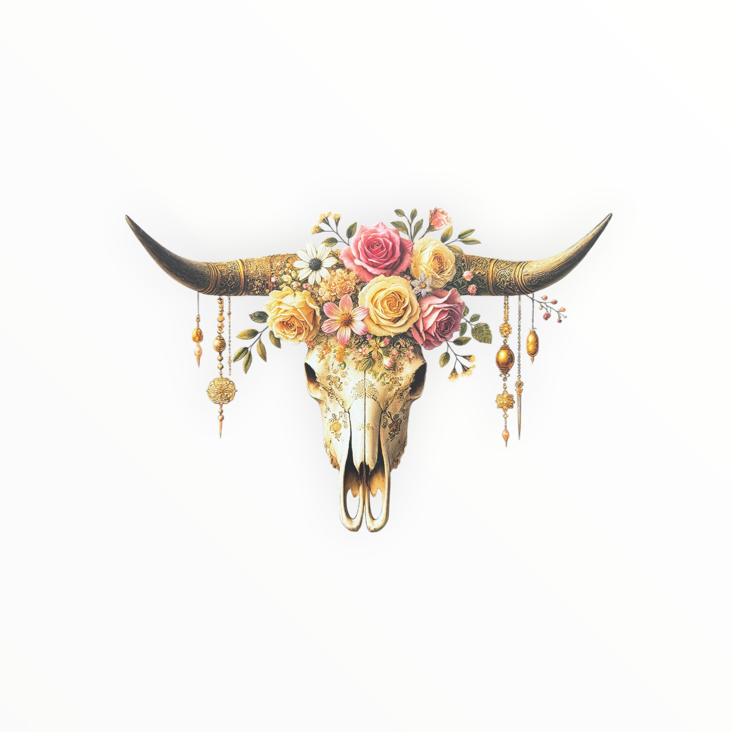 Boho Floral Bull Skull Gold Longhorn DTF Print