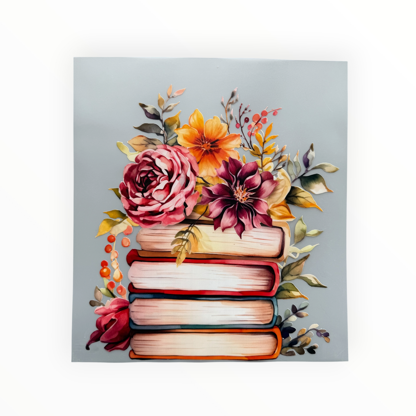 Stacked Books Watercolor Floral Botanical DTF Print