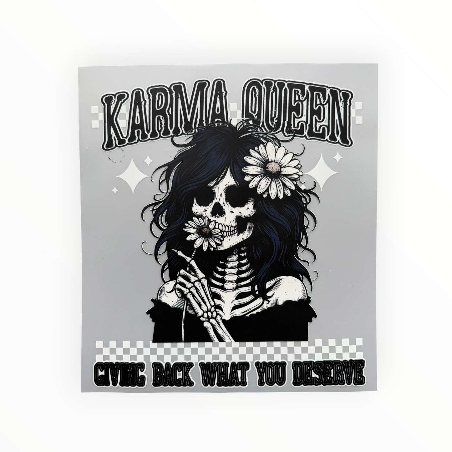 Karma Queen Skeleton Daisy Checkered DTF Print