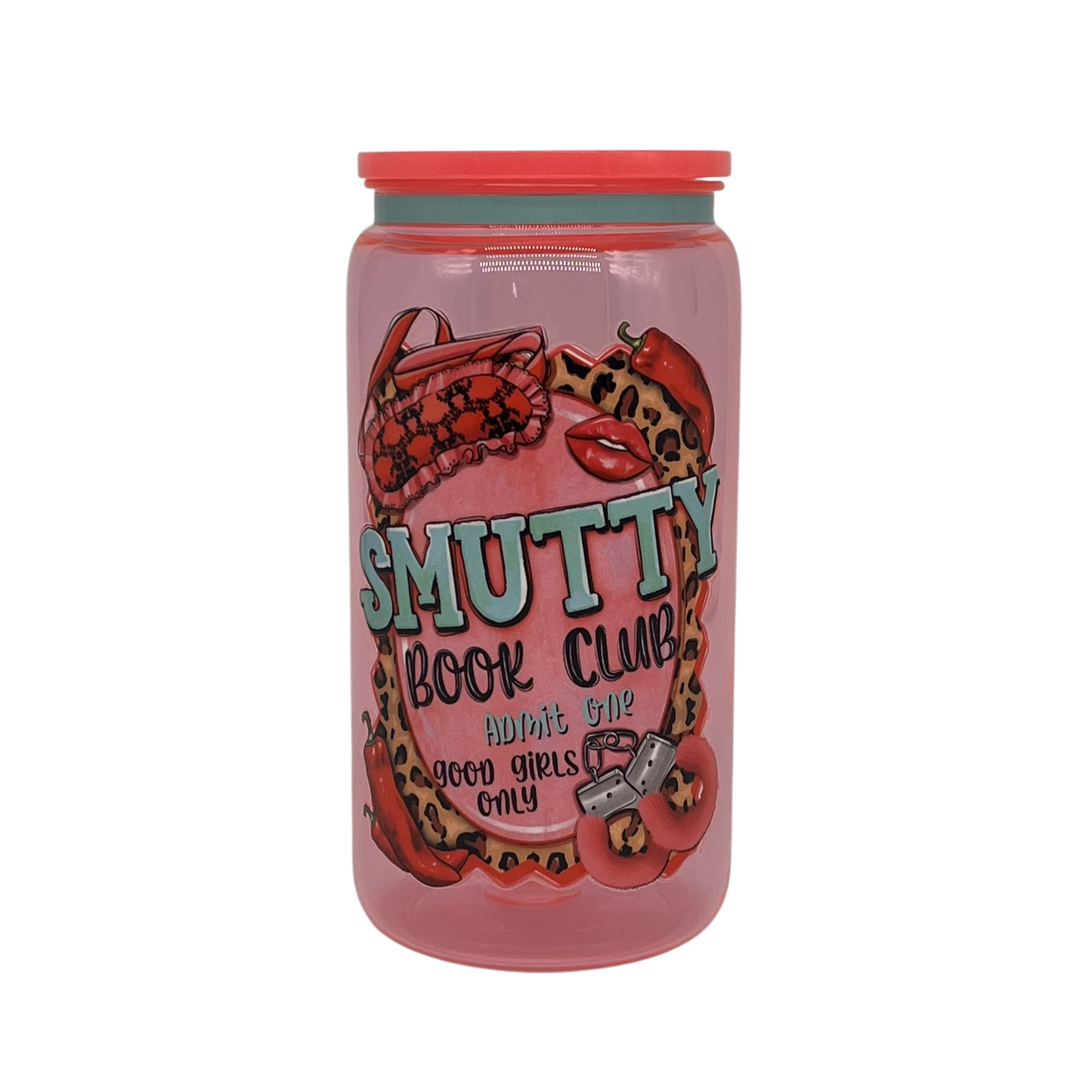 Smutty Book Club 16oz Glass Can Tumbler – Pink Frosted & Red Lid