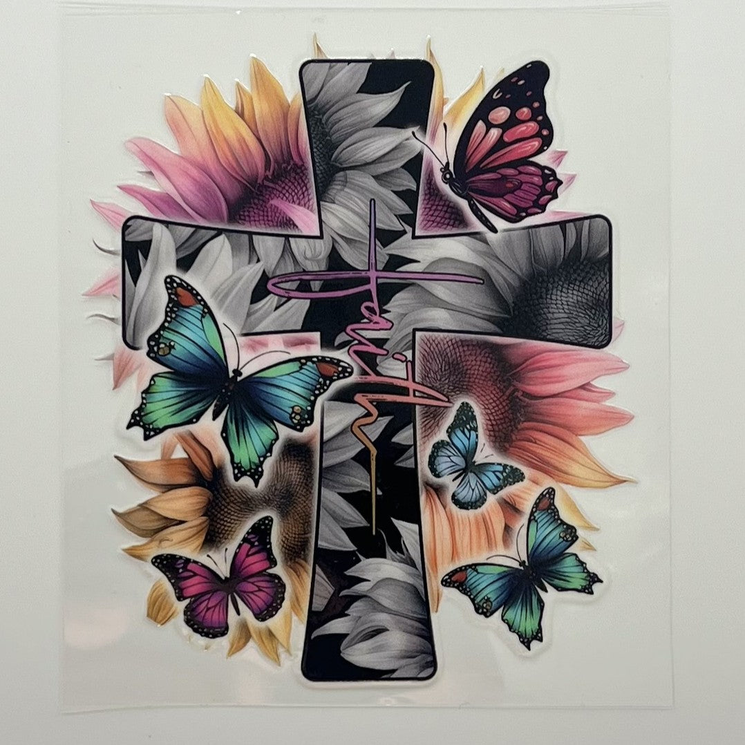 UV DTF Wrap - Faith Sunflower Cross Butterfly Decal