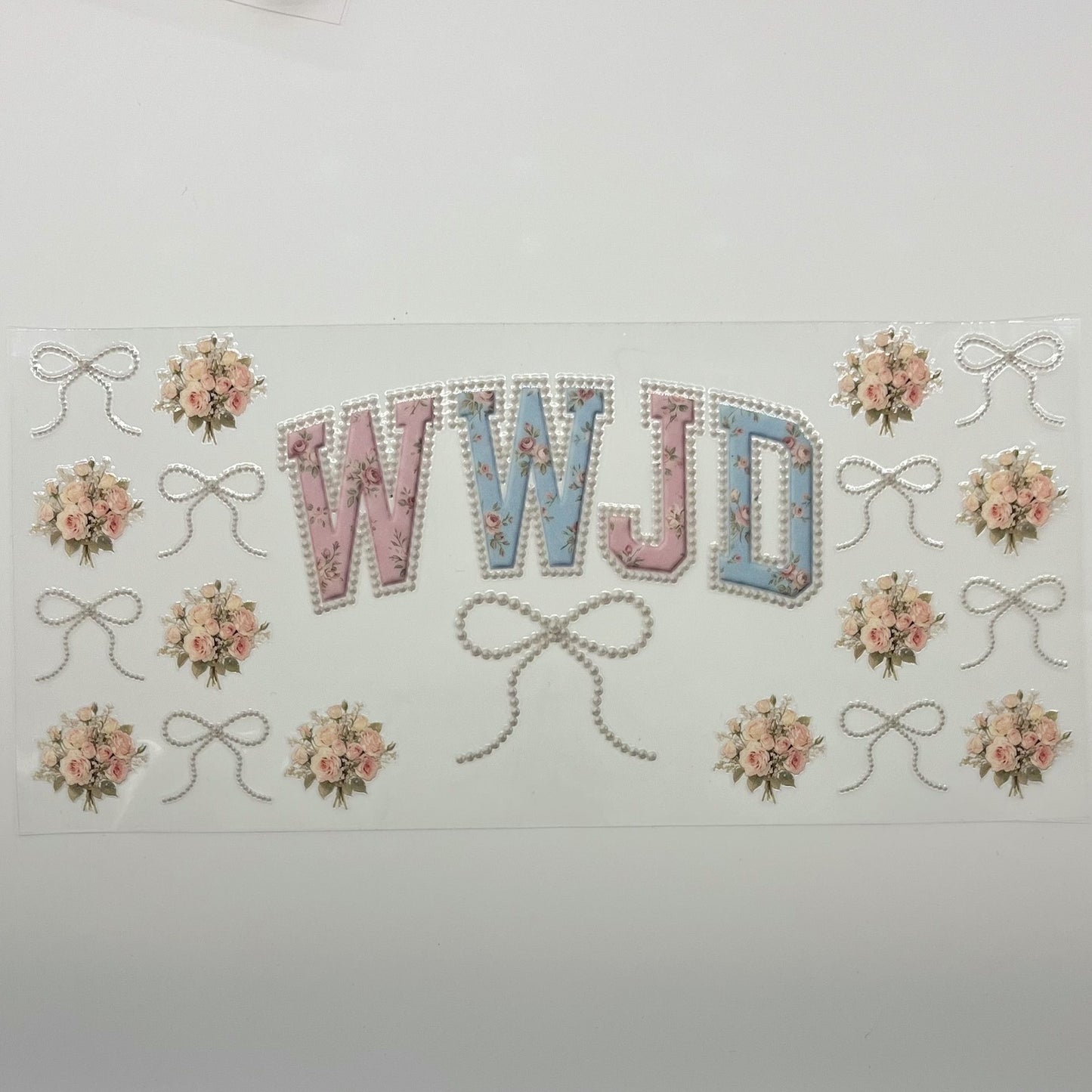 UV DTF Wrap 16oz - WWJD Coquette Pearl Blush Rose Bow Decal