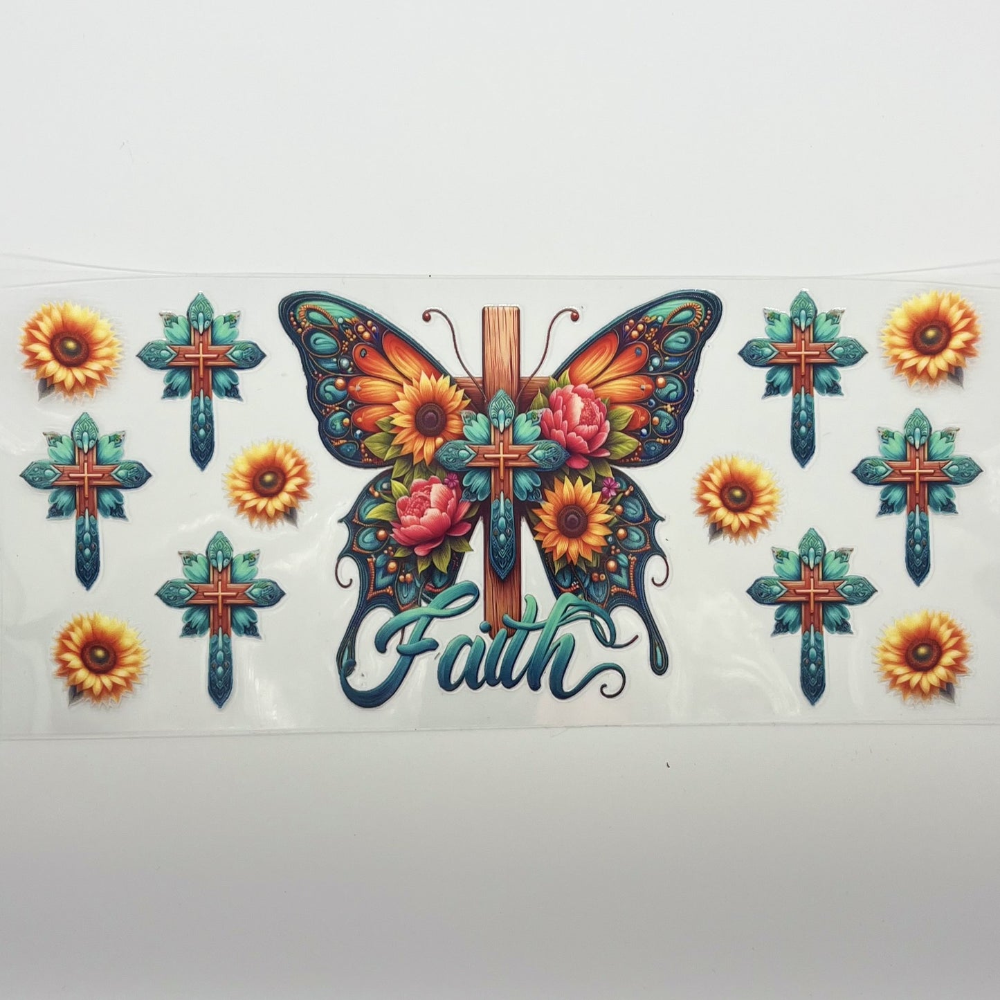 UV DTF Wrap 16oz - Faith Butterfly Cross Sunflower