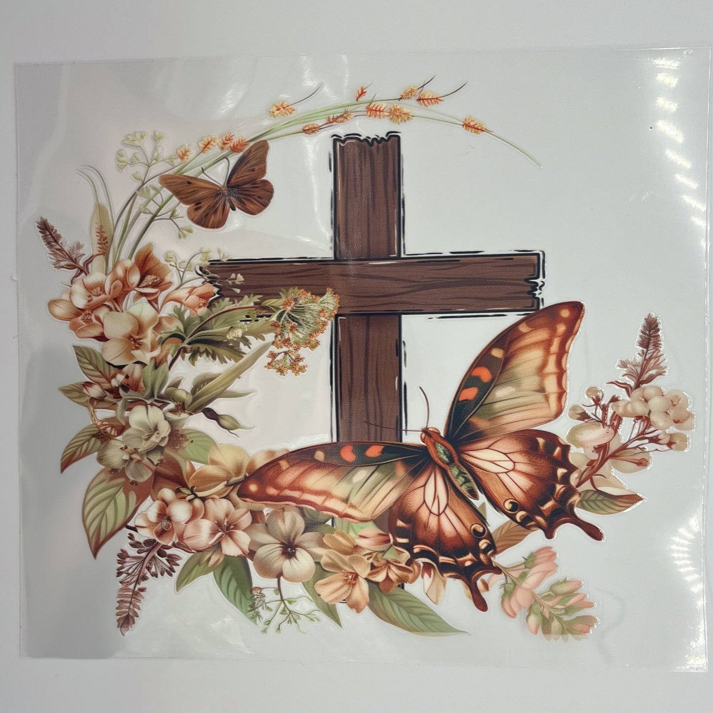 UV DTF Wrap 20oz - Wooden Cross Butterfly Floral Wreath