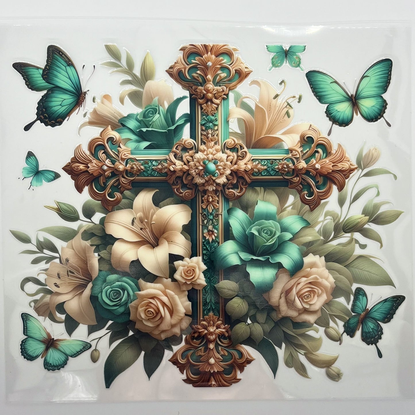 UV DTF Wrap 20oz - Ornate Cross Teal Roses Butterfly