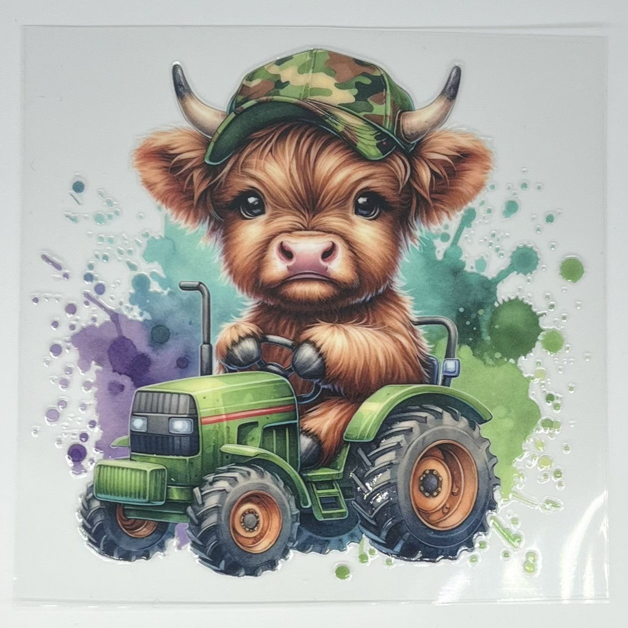 Camo Cap Highland Cow on Green Tractor UV DTF Decal