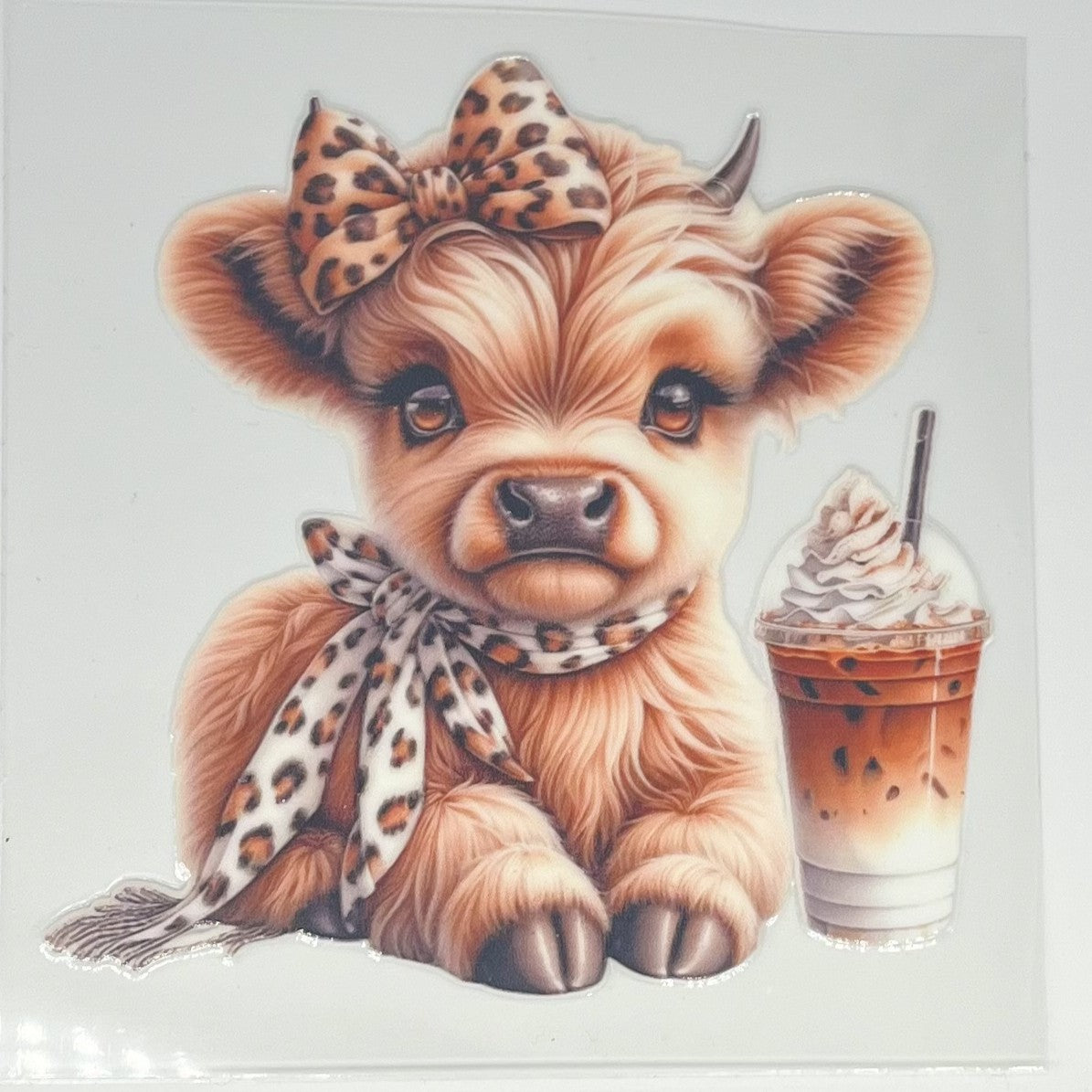 Leopard Bow Highland Cow with Iced Coffee UV DTF Decal
