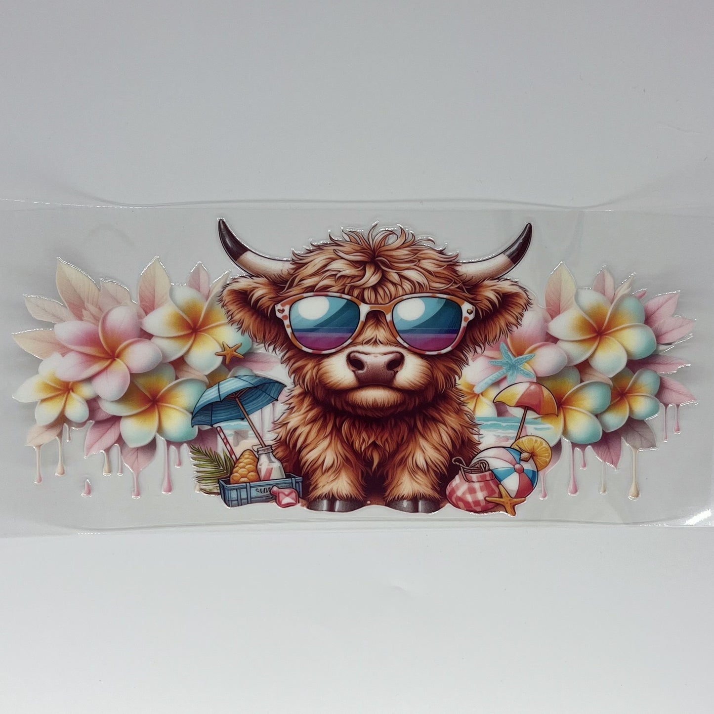 Beach Highland Cow with Plumeria 16 oz UV DTF Wrap
