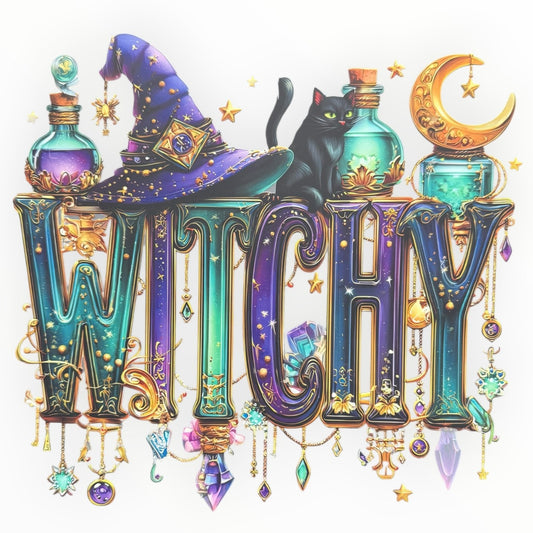 Witchy Black Cat Potion Bottles Jewel DTF Print