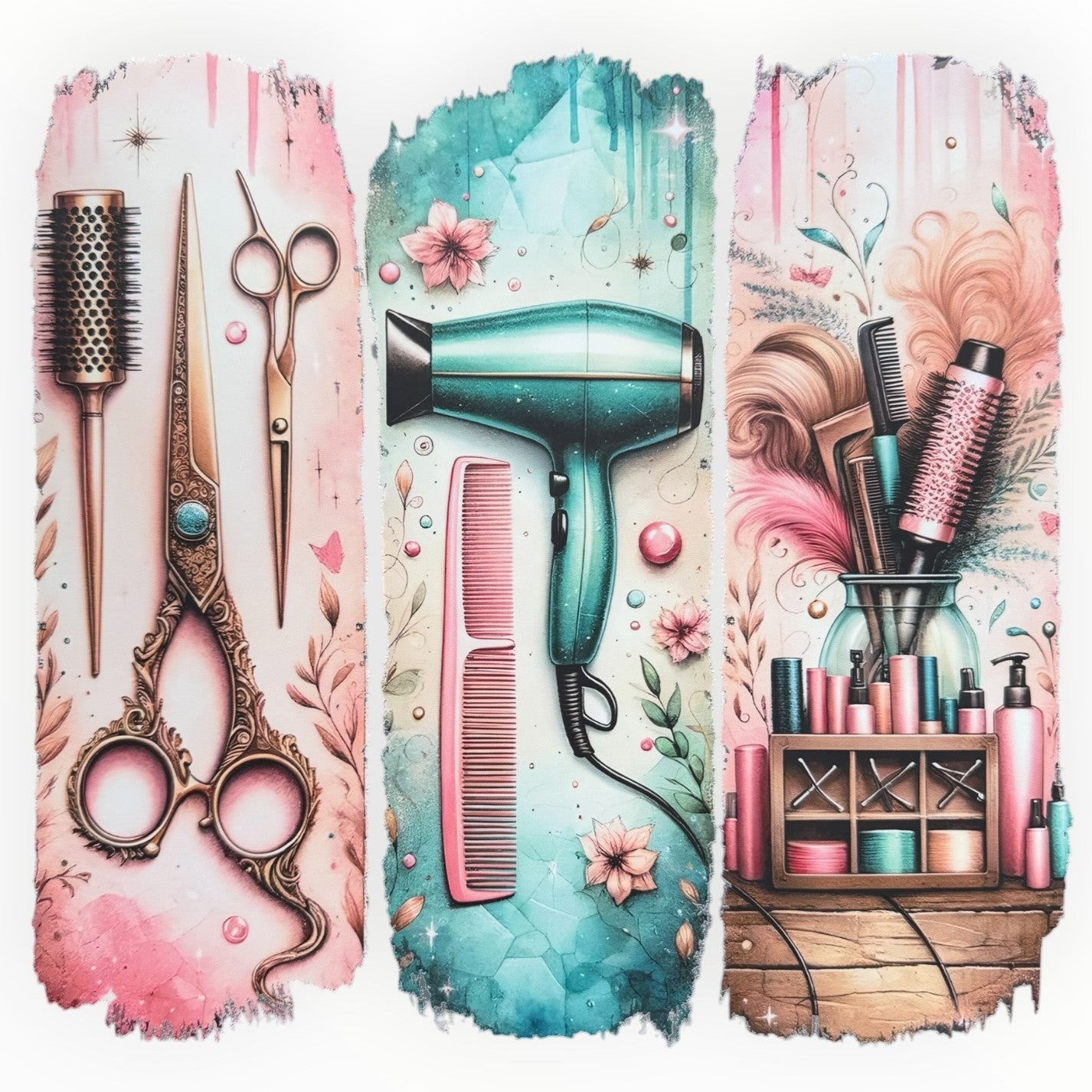 Watercolor Salon Tools Triptych DTF Print