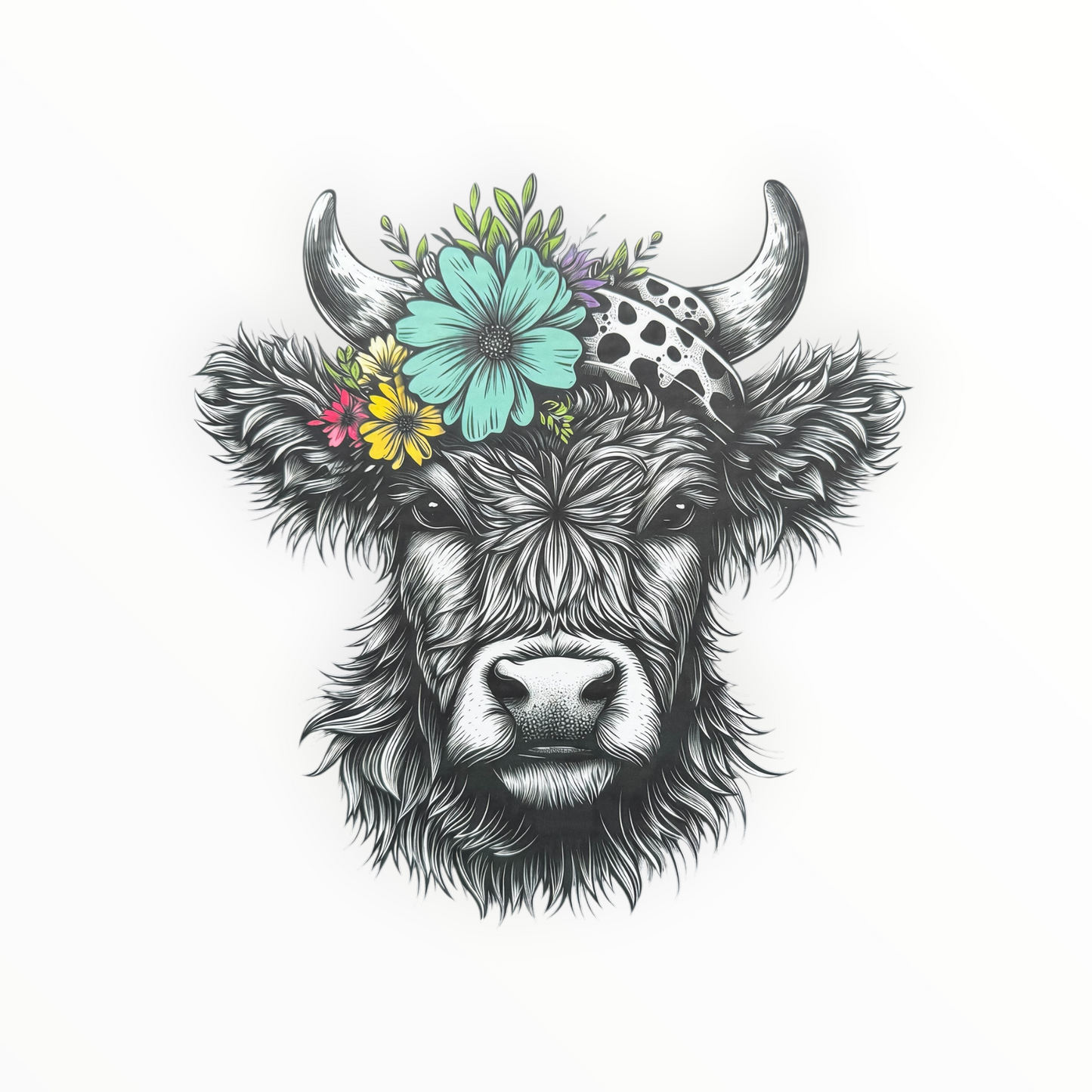 Highland Cow Floral Crown DTF Print