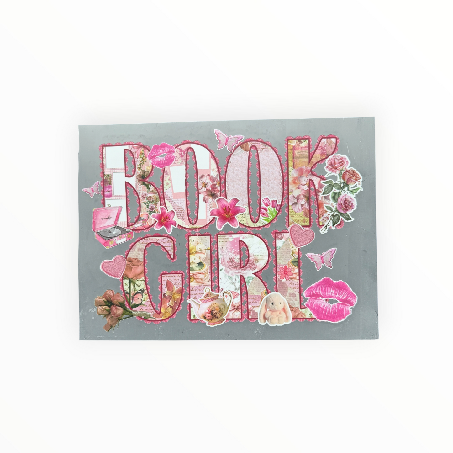 Book Girl Pink Floral Collage DTF Print