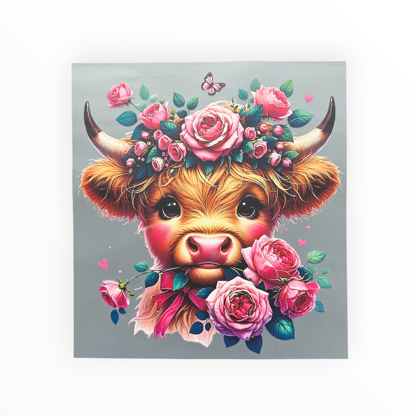Baby Highland Cow Pink Rose Crown DTF Print