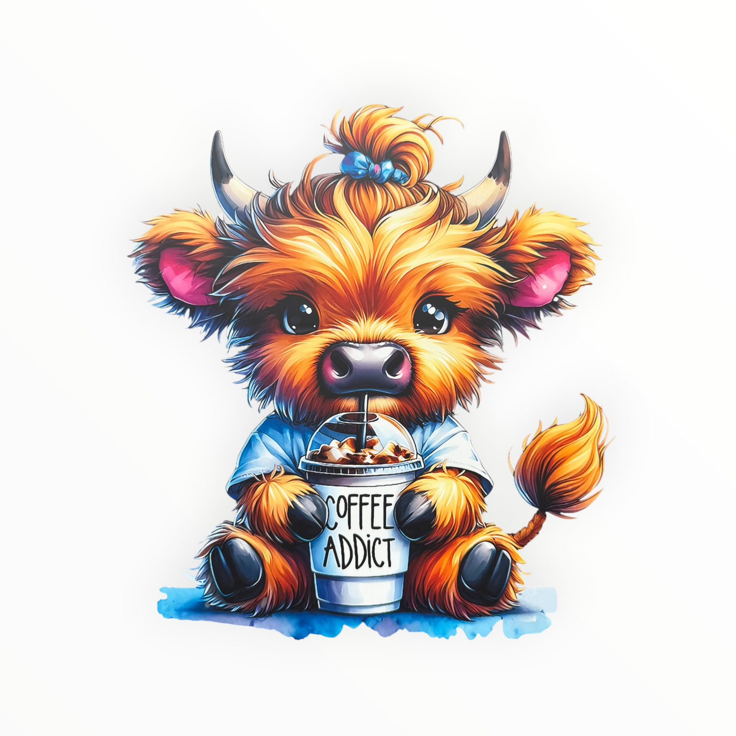 Coffee Addict Baby Highland Cow DTF Print