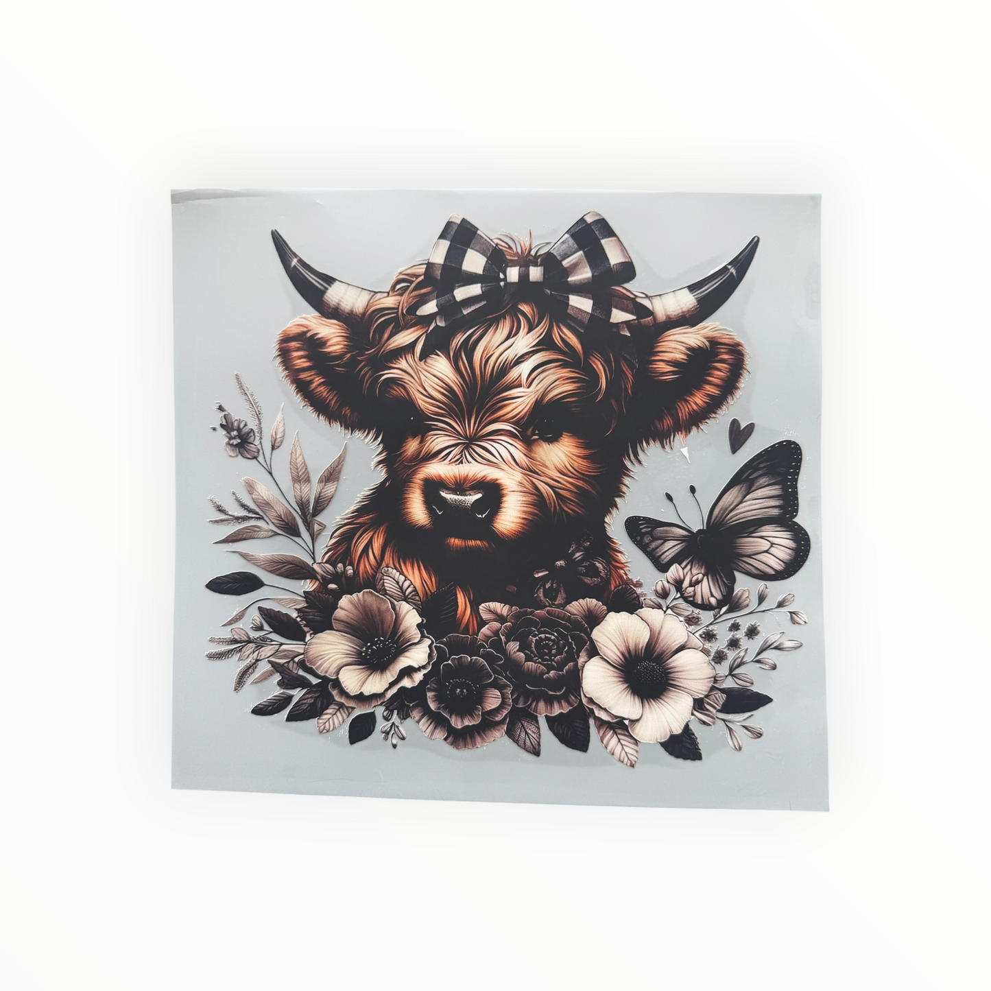 Highland Cow Buffalo Plaid Bow Dark Floral DTF Print