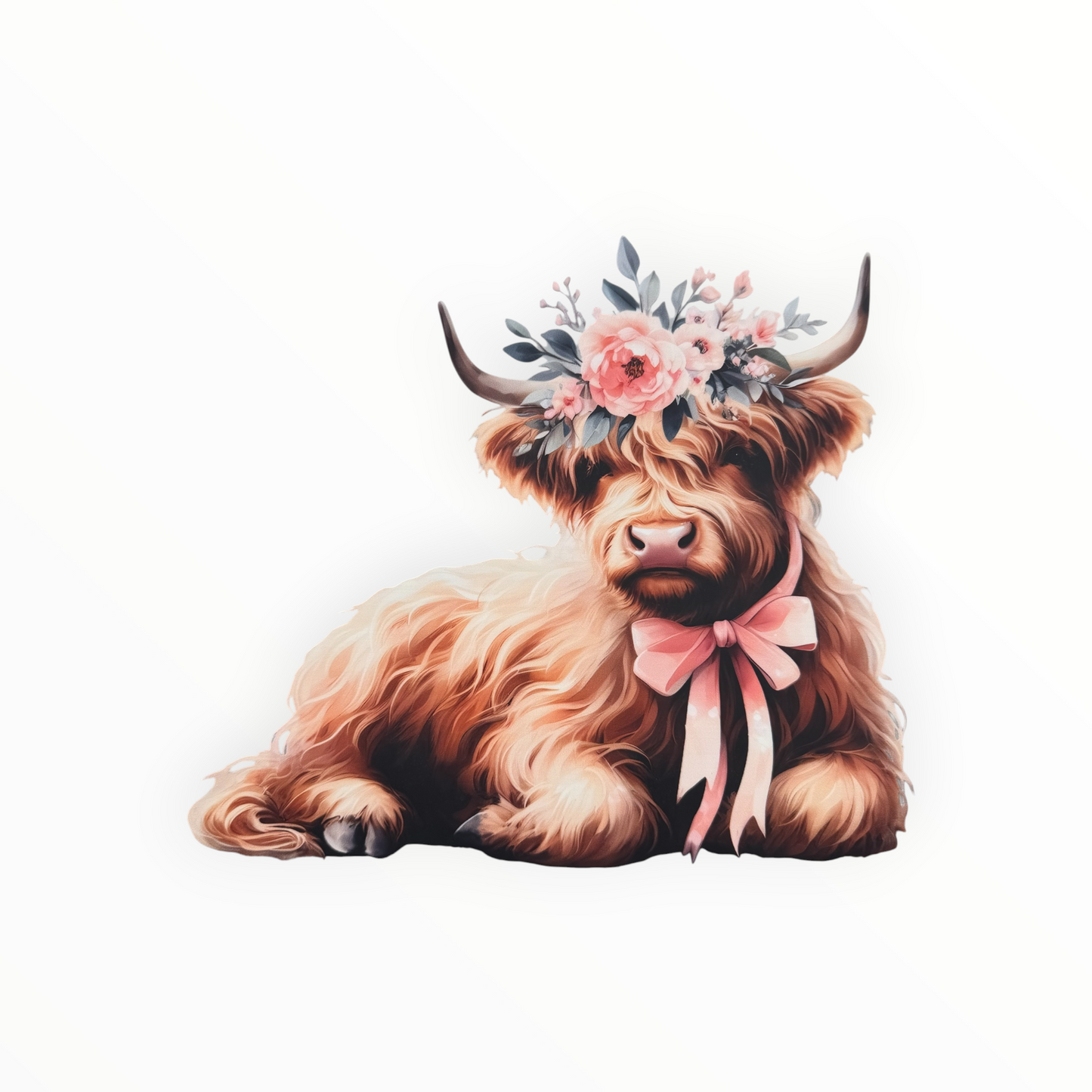 Baby Highland Cow Pink Floral Crown Ribbon DTF Print