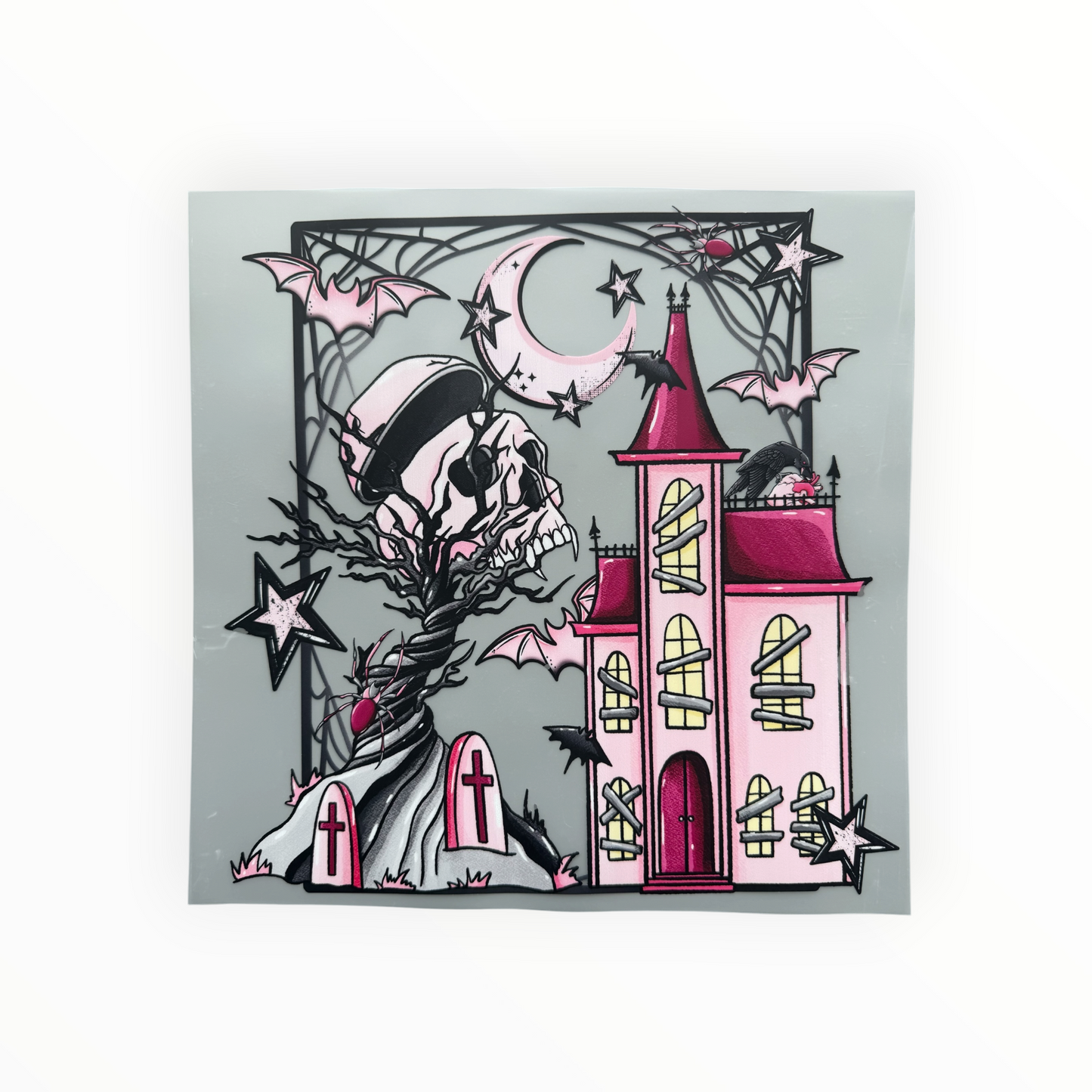 Gothic Pink Haunted Castle Skull Scene DTF Print