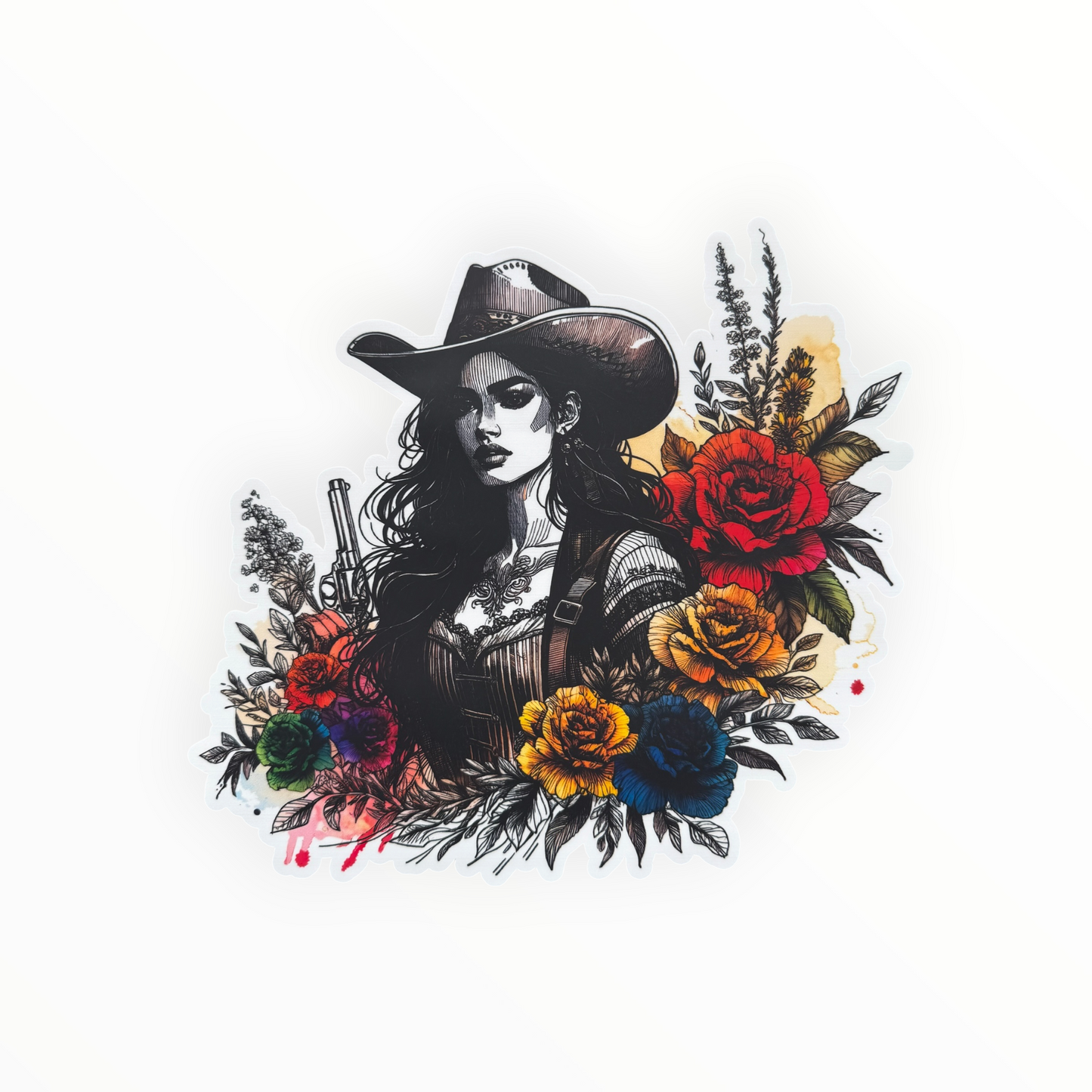 Western Cowgirl Gunslinger Floral Roses DTF Print