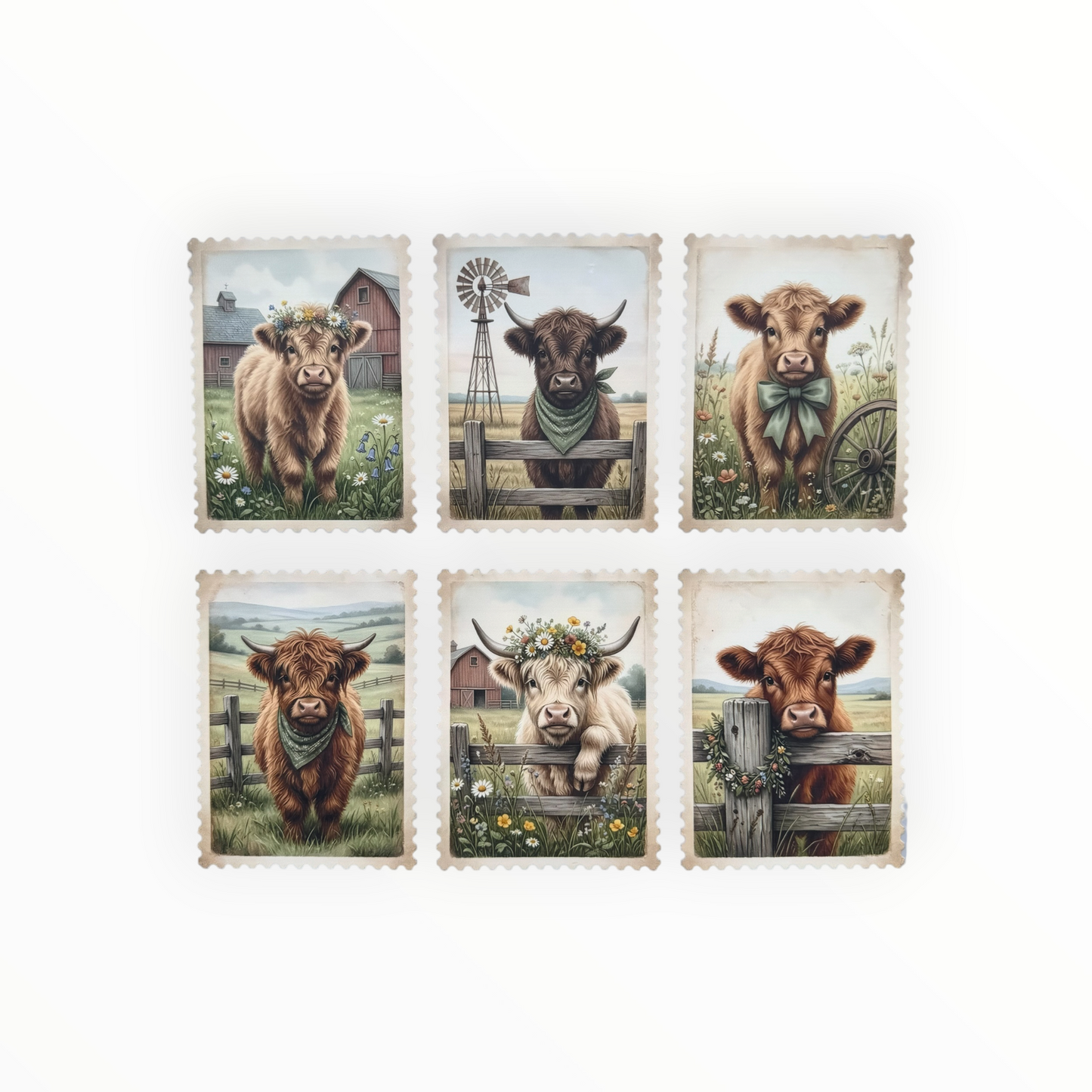 Highland Cow Vintage Postage Stamp Six Panel DTF Print