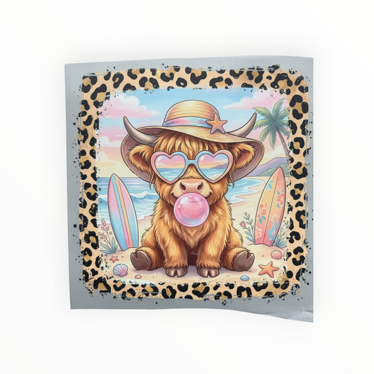 Beach Highland Cow Bubble Gum Leopard DTF Print