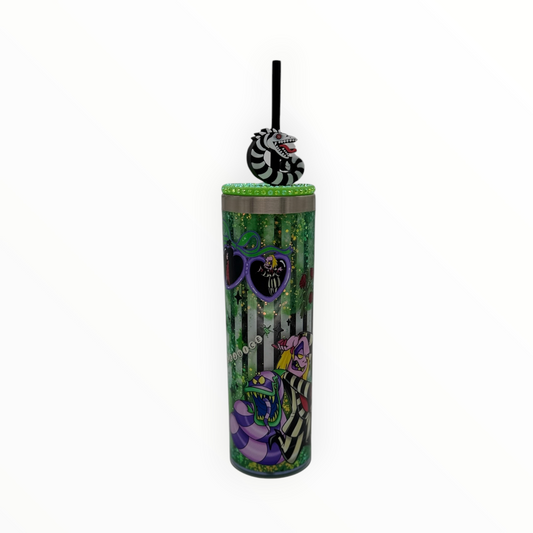 20oz storyboard glitter tumbler - Beetlejuice scene with striped serpent straw topper