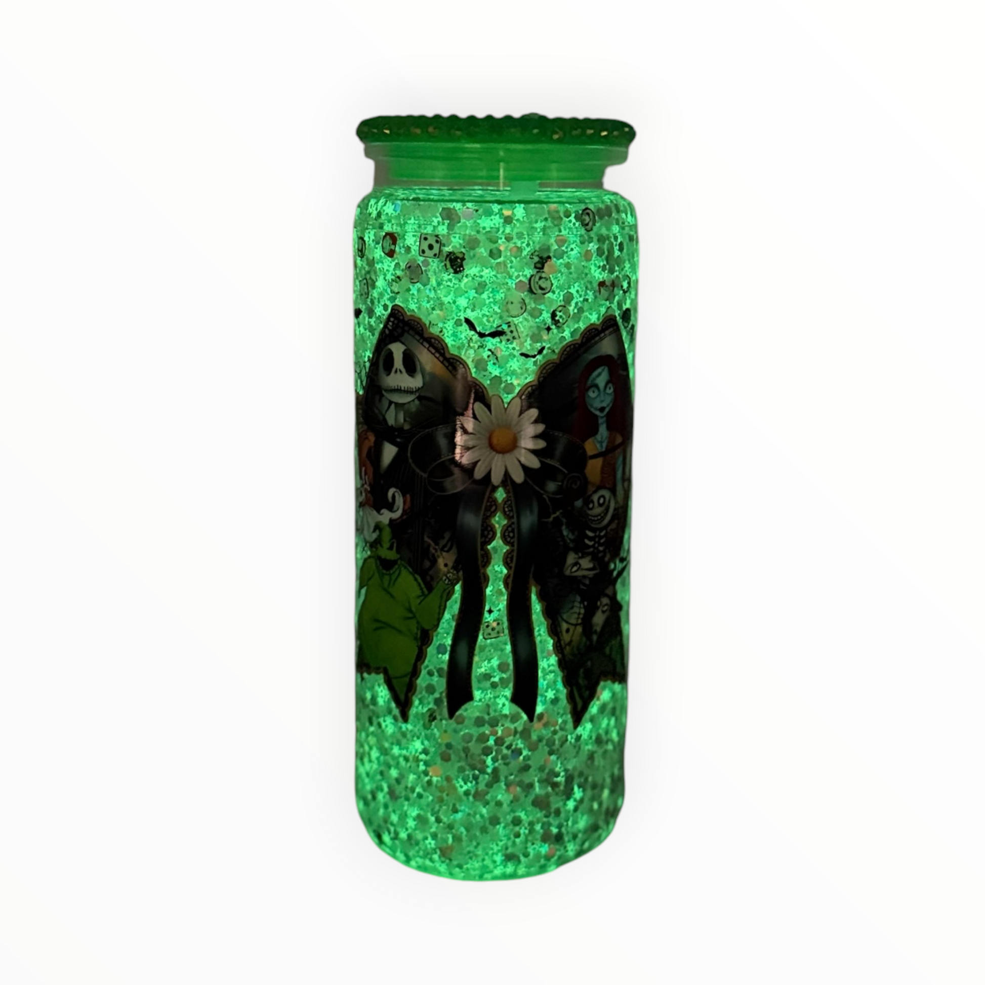 Glow in the dark 20oz acrylic mug with handle - dark fantasy daisy design, front view
