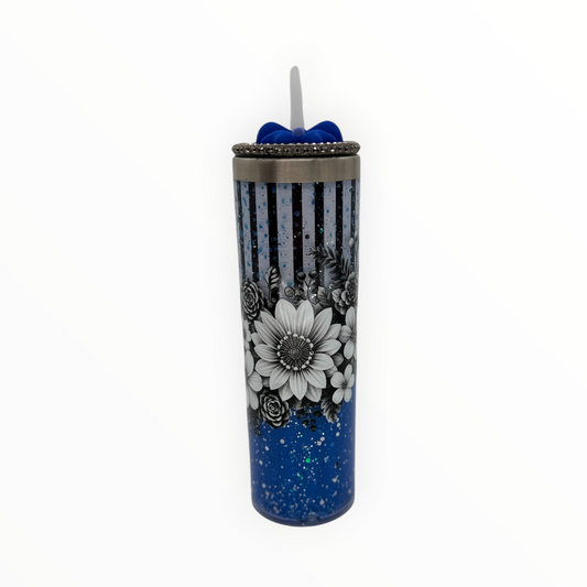 Gothic floral storyboard tumbler - side view with cobalt bow topper and straw