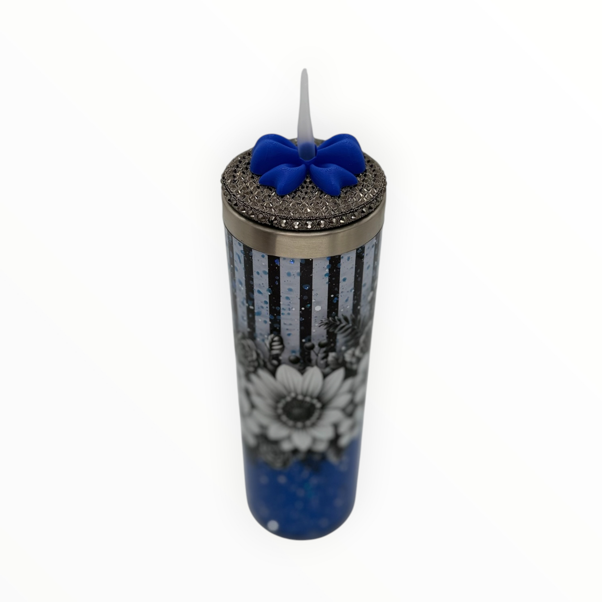 Gothic floral storyboard tumbler - top angle showing gunmetal rhinestone lid and blue bow