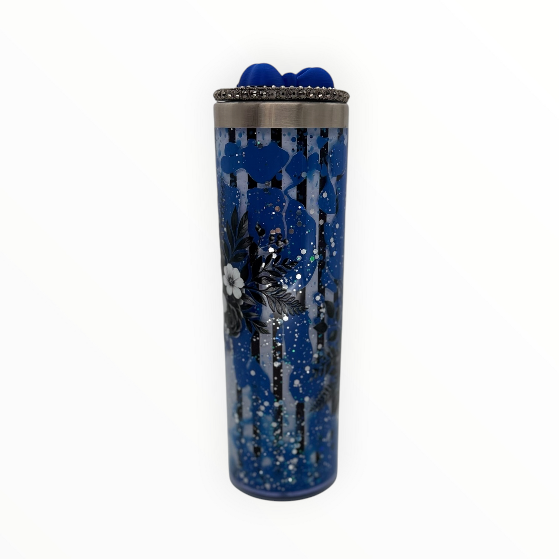 Gothic floral storyboard tumbler - front view showing blue glitter and floral wrap
