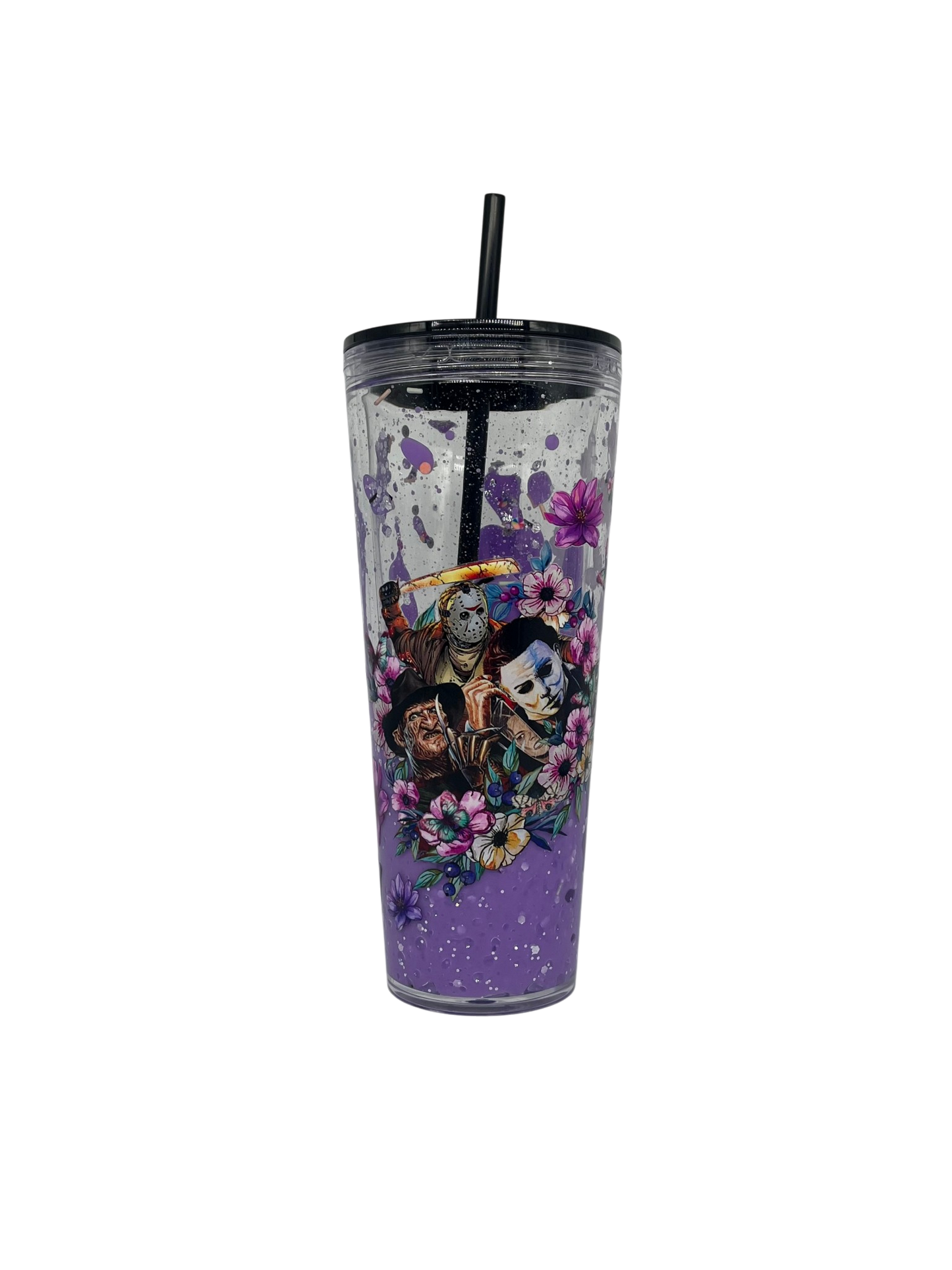 Horror Icons Floral 24oz Lava Tumbler – Purple Glitter & Black Lid