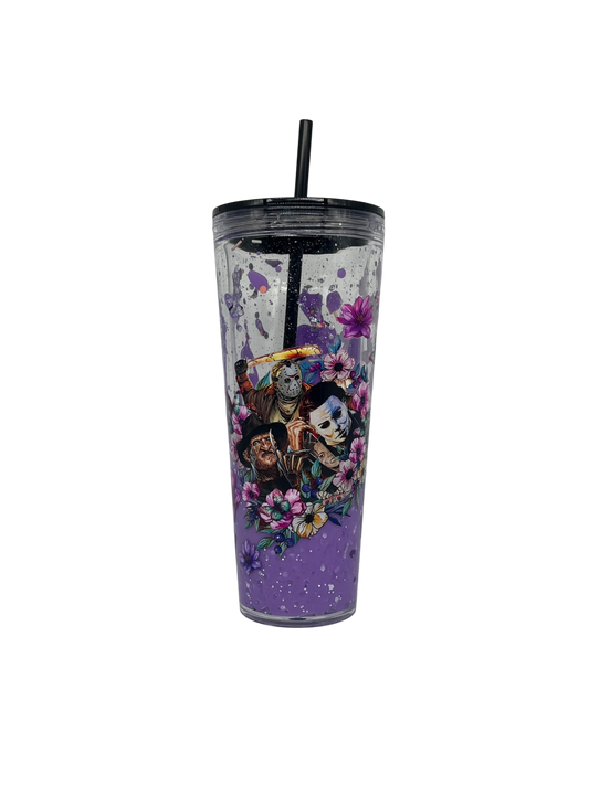 Horror Icons Floral 24oz Lava Tumbler – Purple Glitter & Black Lid