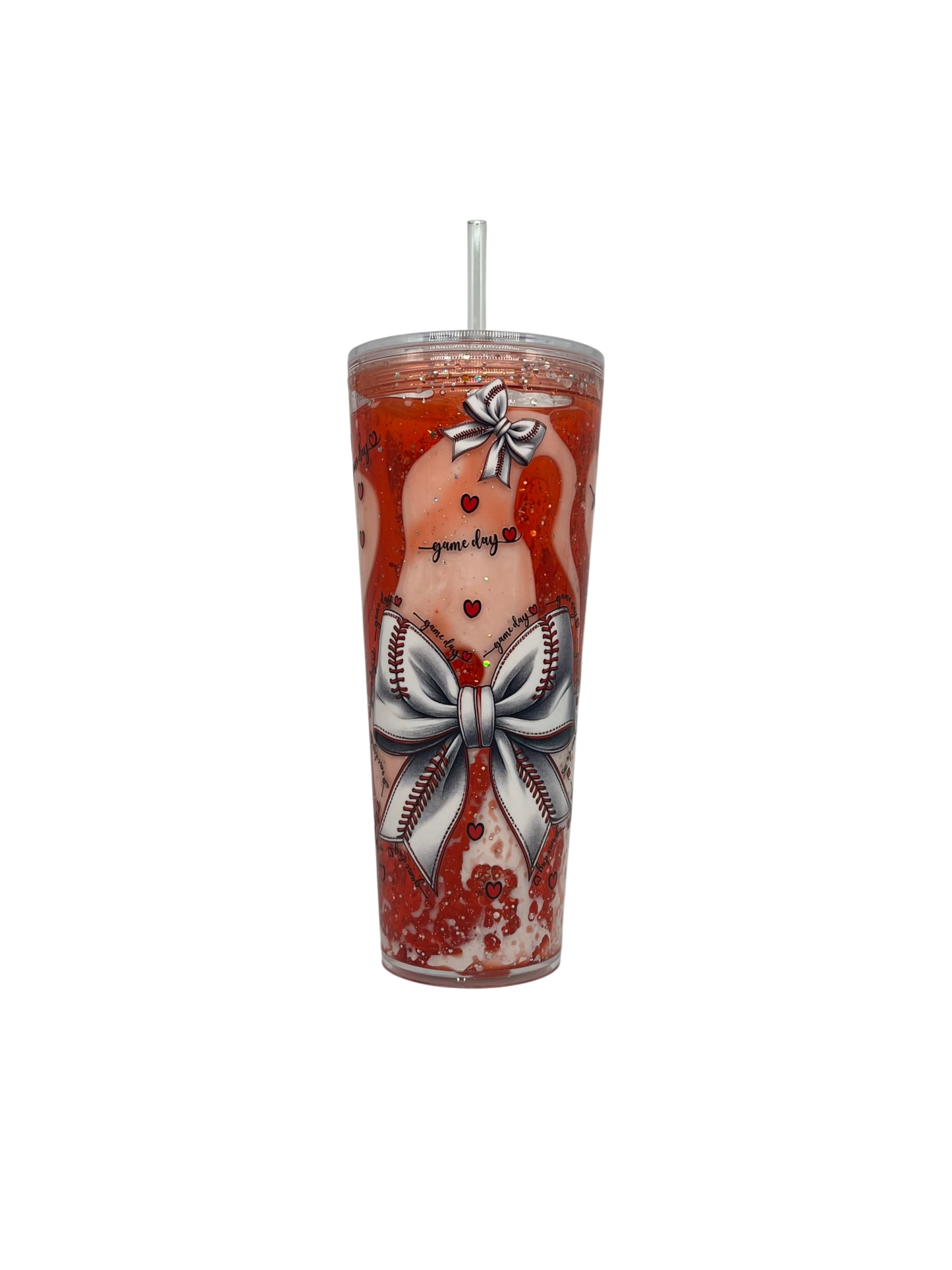 Game Day Baseball Bow 24oz Lava Tumbler – Red Glitter & Clear Straw
