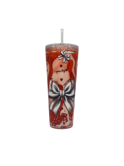Game Day Baseball Bow 24oz Lava Tumbler – Red Glitter & Clear Straw