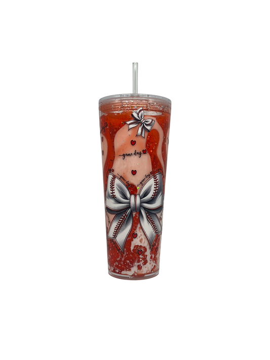 Game Day Baseball Bow 24oz Lava Tumbler – Red Glitter & Clear Straw