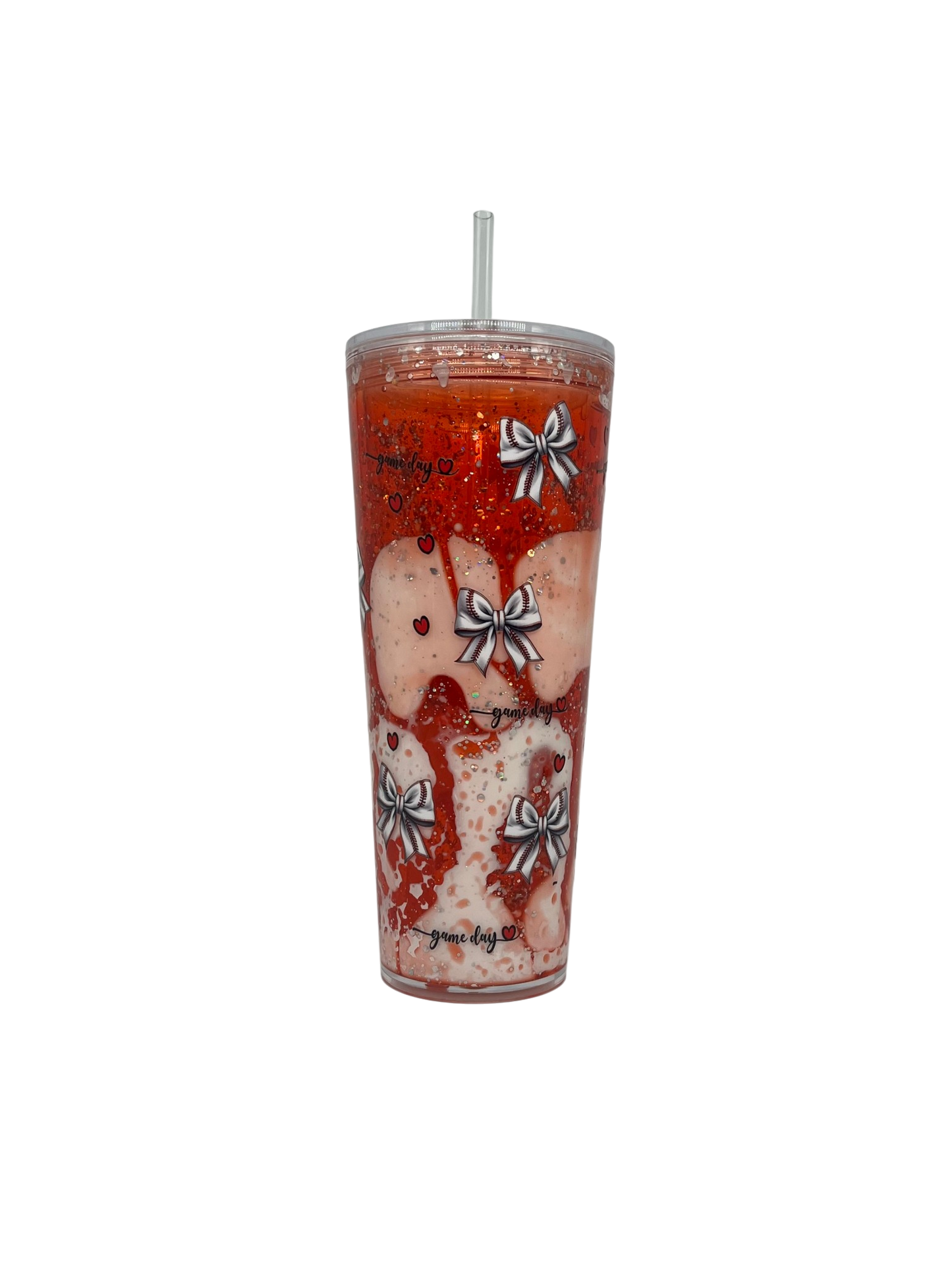 Game Day Baseball Bow 24oz Lava Tumbler – Red Glitter & Clear Straw