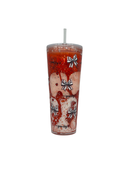 Game Day Baseball Bow 24oz Lava Tumbler – Red Glitter & Clear Straw
