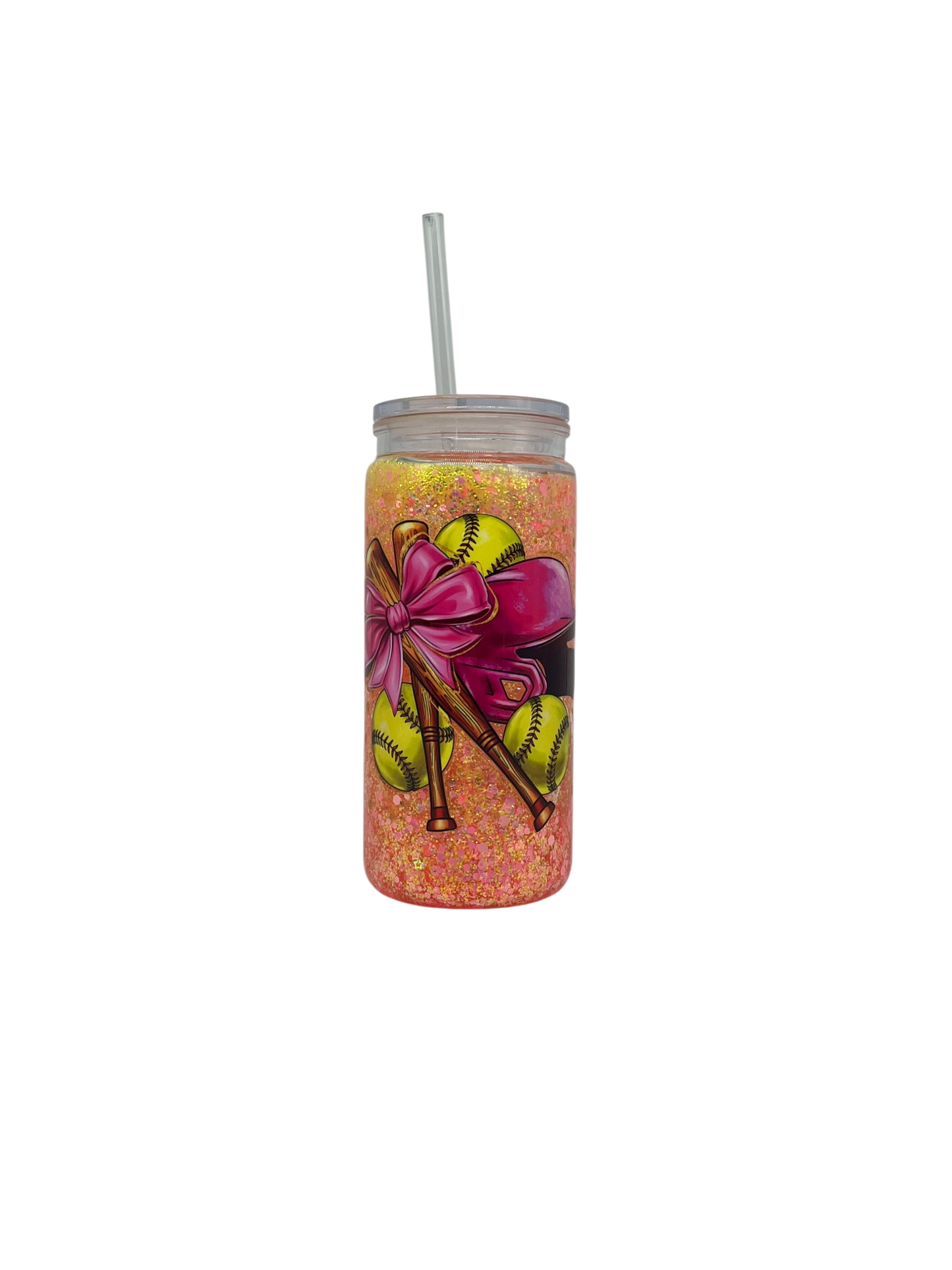 Softball Bow 20oz Snow Globe Tumbler – Pink Glitter & Clear Straw