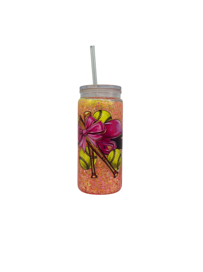 Softball Bow 20oz Snow Globe Tumbler – Pink Glitter & Clear Straw