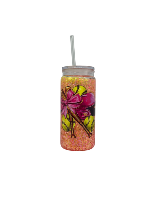 Softball Bow 20oz Snow Globe Tumbler – Pink Glitter & Clear Straw