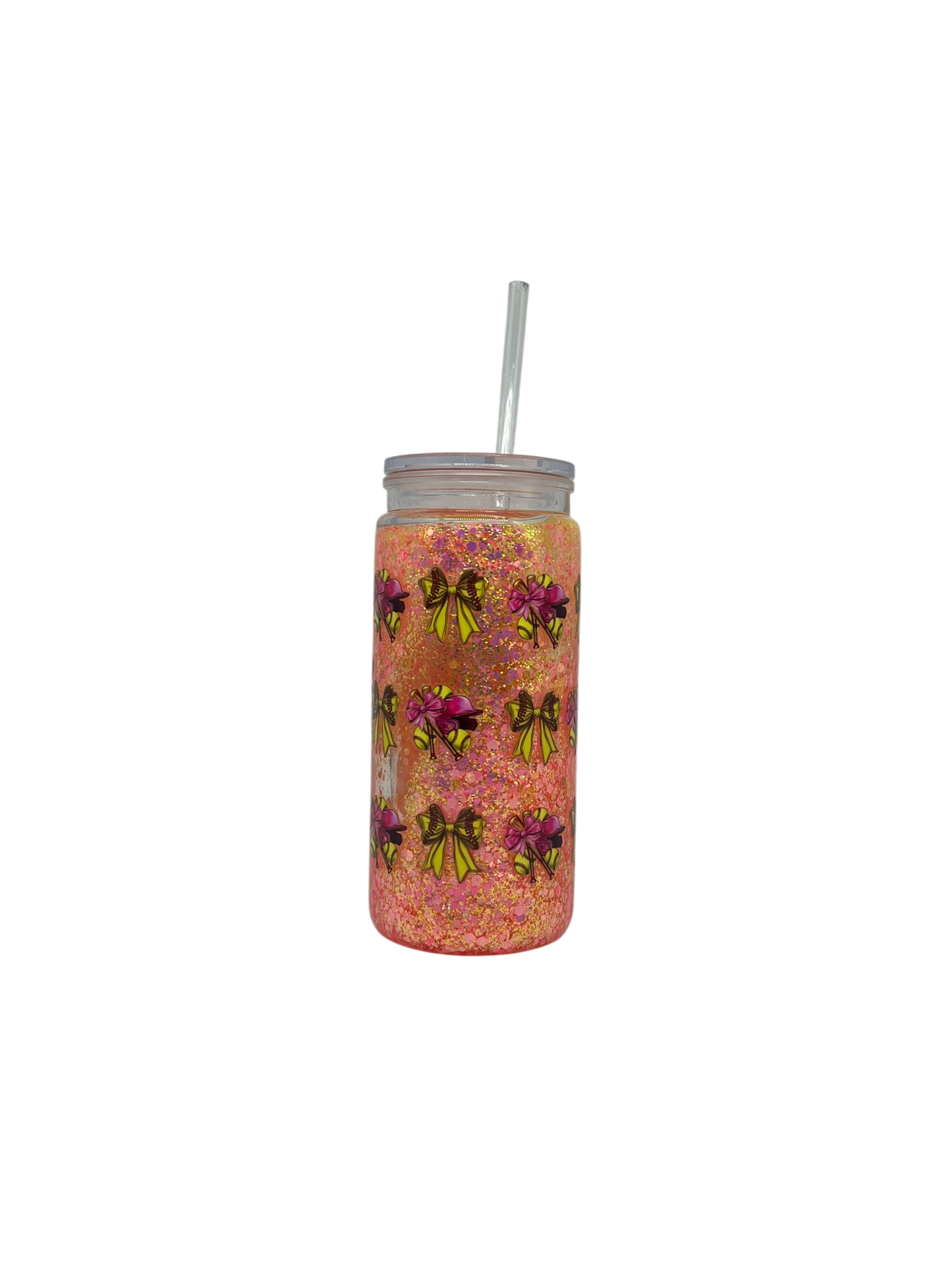 Softball Bow 20oz Snow Globe Tumbler – Pink Glitter & Clear Straw