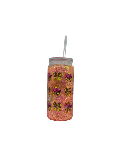 Softball Bow 20oz Snow Globe Tumbler – Pink Glitter & Clear Straw