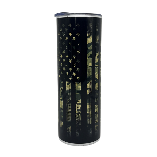 Camo American Flag 20oz Skinny Tumbler – Black & Military Green