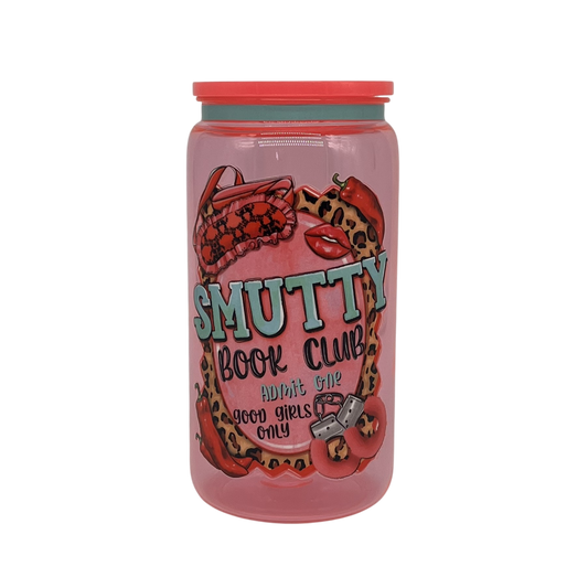 Smutty Book Club 16oz Glass Can Tumbler – Pink Frosted & Red Lid