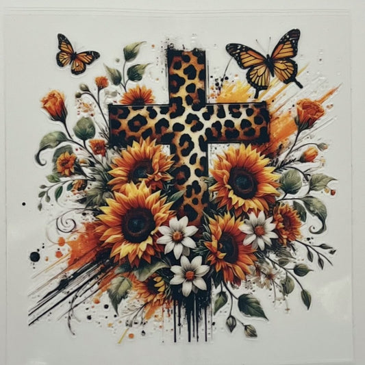 UV DTF Wrap - Leopard Print Cross Sunflower Butterfly Decal