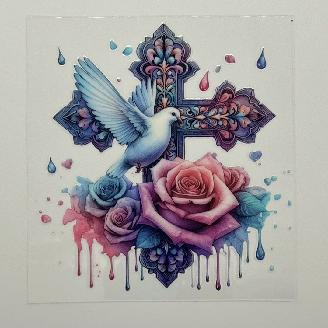 UV DTF Wrap - Ornate Cross Dove Rose Watercolor Drip Decal