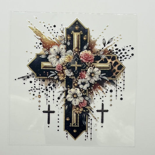 UV DTF Wrap - Black Gold Rhinestone Cross Leopard Floral Decal